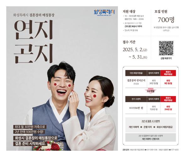 2025년 화성특례시 결혼 장려 매칭 통장 ‘연지곤지 통장’ 참여자 모집